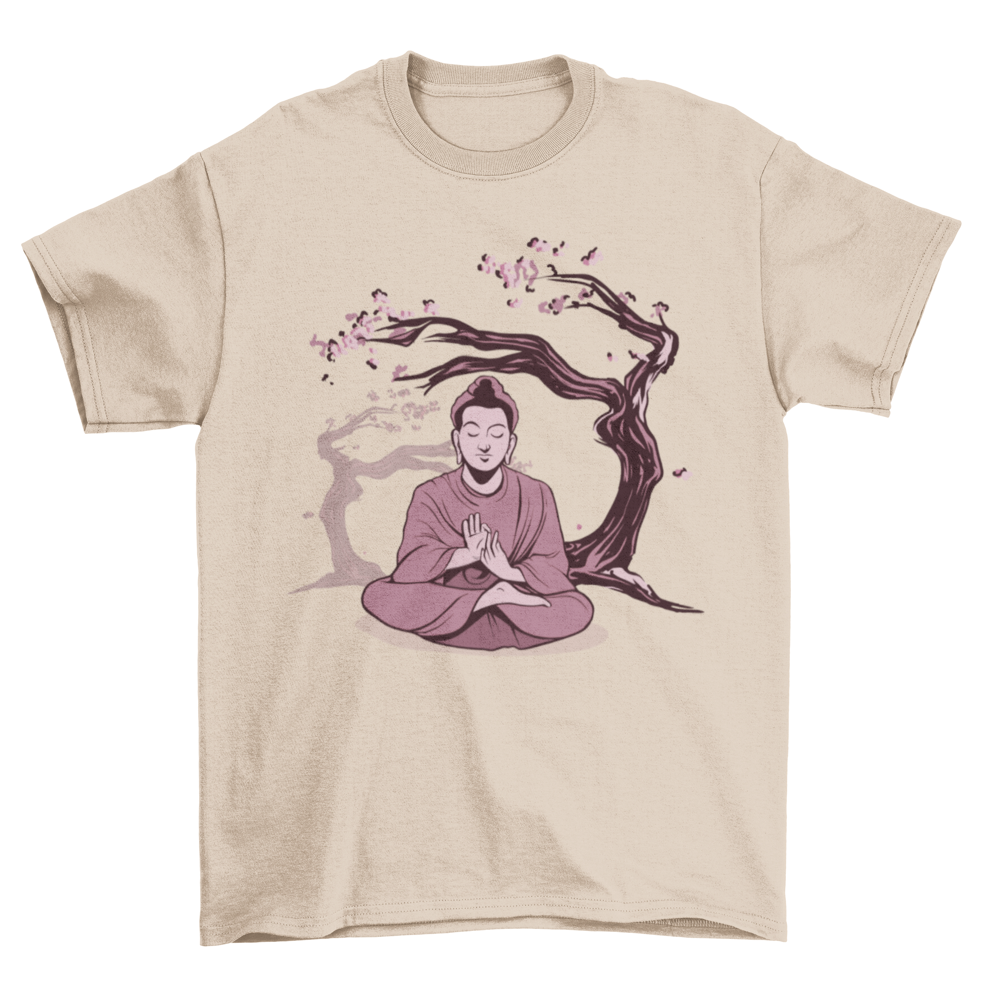 Buddha Sakura T-shirt featuring an illustration of Buddha with cherry blossoms in the background, showcasing a blend of spirituality and nature.