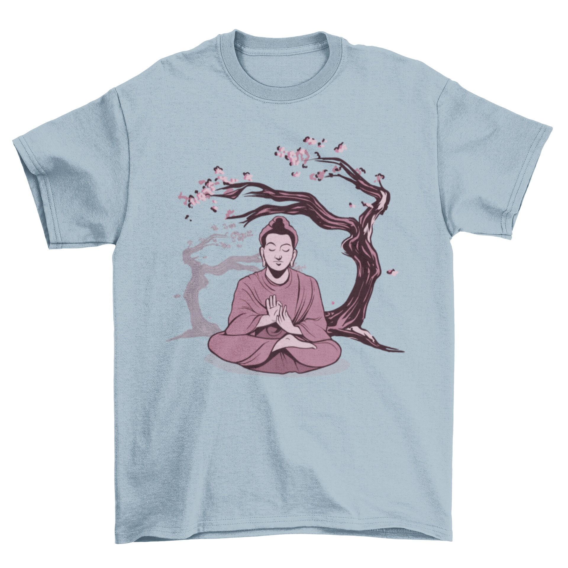 Buddha Sakura T-shirt featuring an illustration of Buddha with cherry blossoms in the background, showcasing a blend of spirituality and nature.