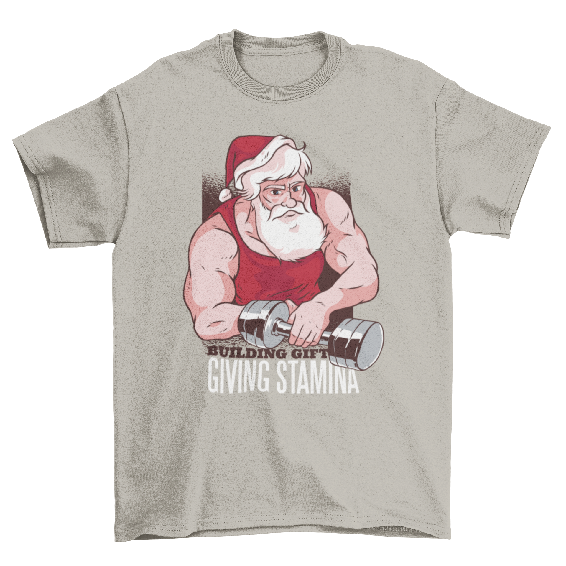 Buff Santa lifting a dumbbell on a t-shirt, featuring the text 'Building gift giving stamina' in a festive design.