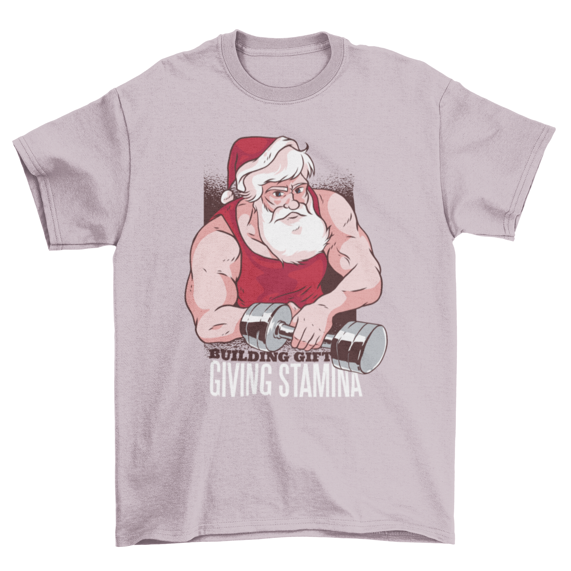 Buff Santa lifting a dumbbell on a t-shirt, featuring the text 'Building gift giving stamina' in a festive design.