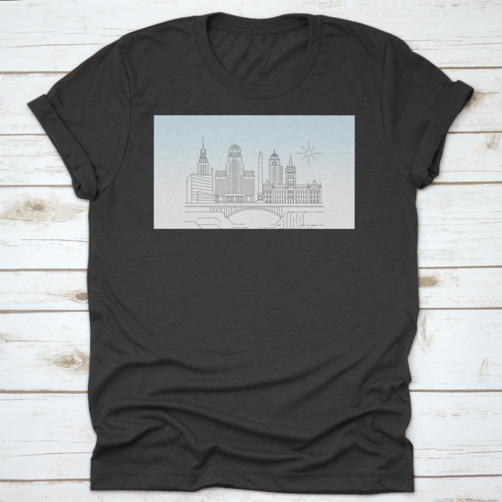 Buffalo, New York Downtown Skyline vector illustration on a cotton T-shirt, showcasing iconic buildings and typography.