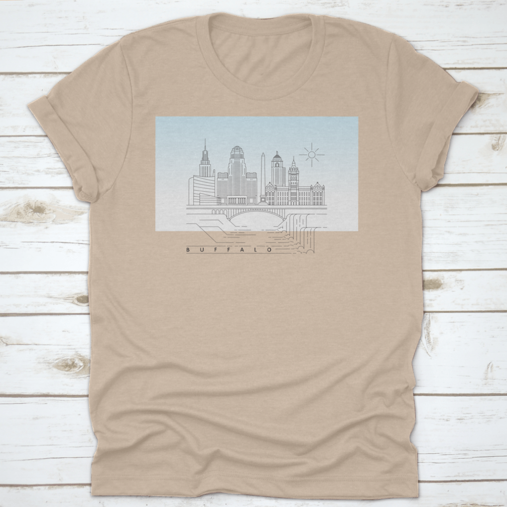 Buffalo, New York Downtown Skyline vector illustration on a cotton T-shirt, showcasing iconic buildings and typography.