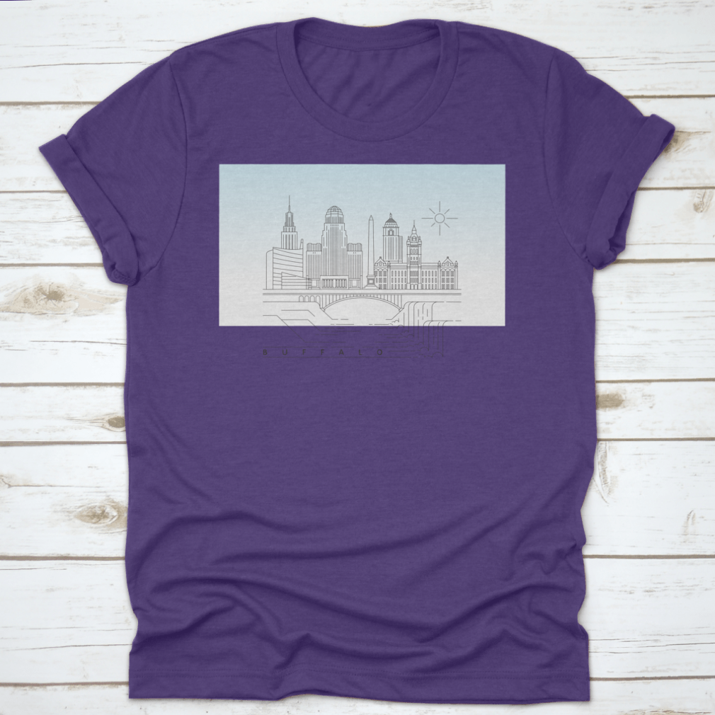 Buffalo, New York Downtown Skyline vector illustration on a cotton T-shirt, showcasing iconic buildings and typography.