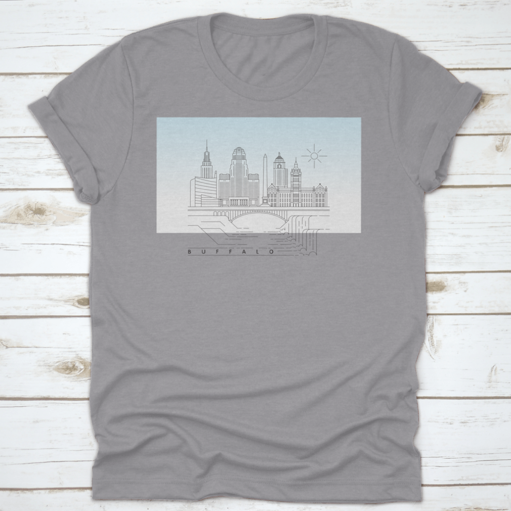 Buffalo, New York Downtown Skyline vector illustration on a cotton T-shirt, showcasing iconic buildings and typography.