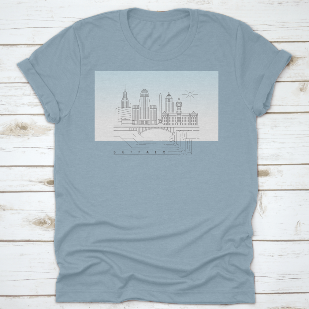 Buffalo, New York Downtown Skyline vector illustration on a cotton T-shirt, showcasing iconic buildings and typography.