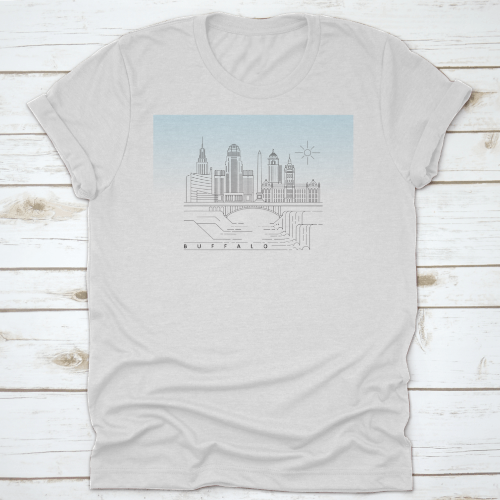 Buffalo, New York Downtown Skyline vector illustration on a cotton T-shirt, showcasing iconic buildings and typography.