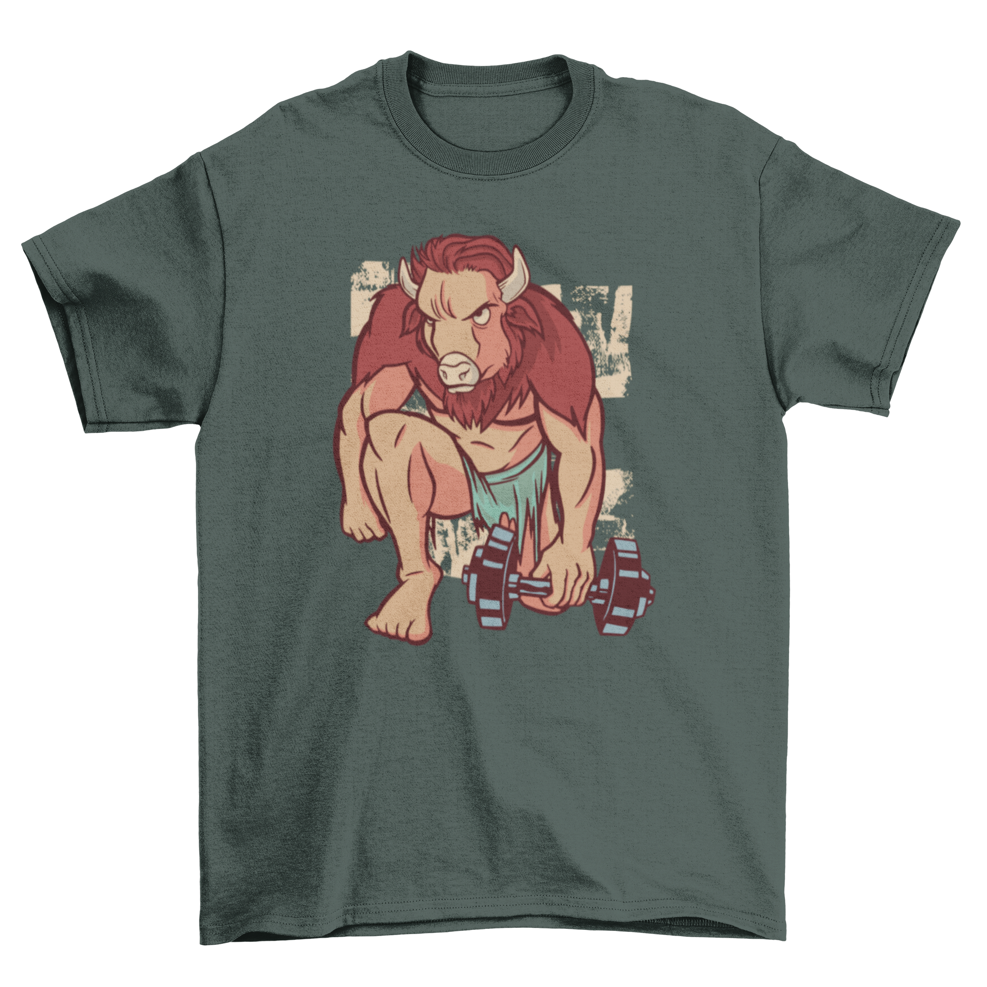 Buffalo Workout T-shirt featuring an anthropomorphic buffalo lifting weights, showcasing a unique and fun design for fitness enthusiasts.