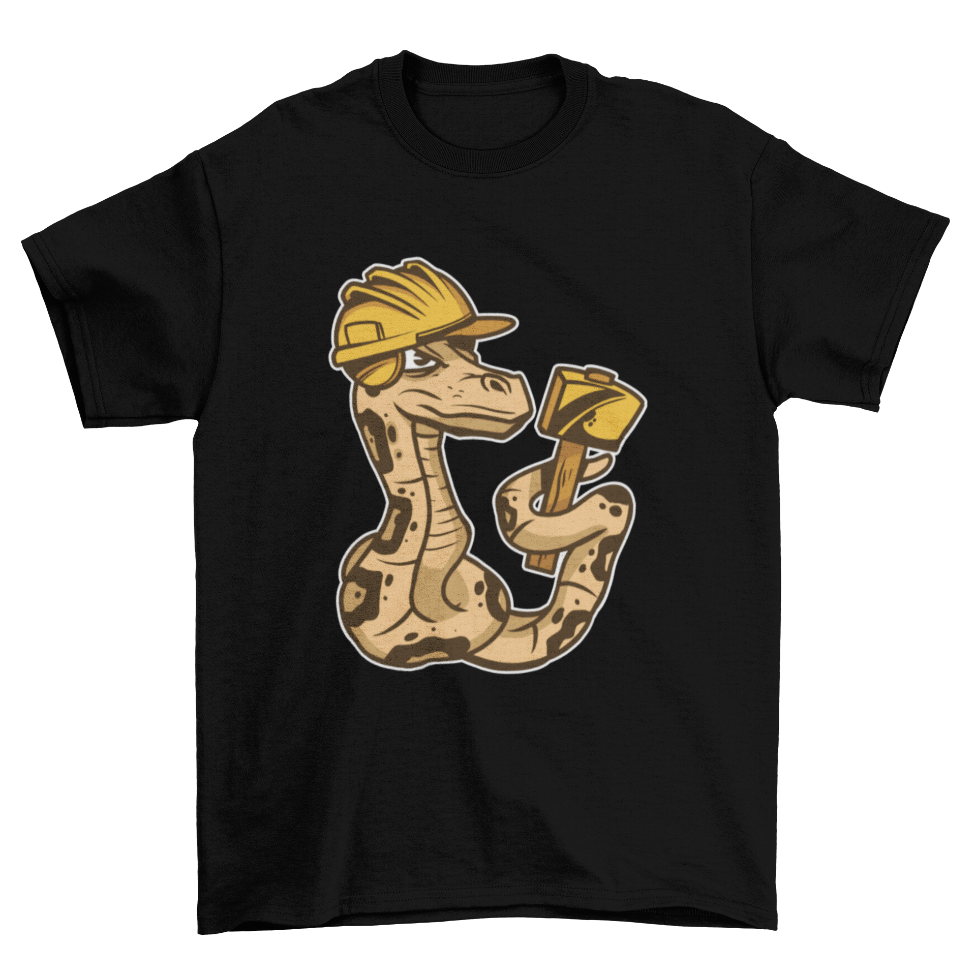 A humorous t-shirt featuring a boa constrictor snake dressed as a builder, showcasing a playful design.