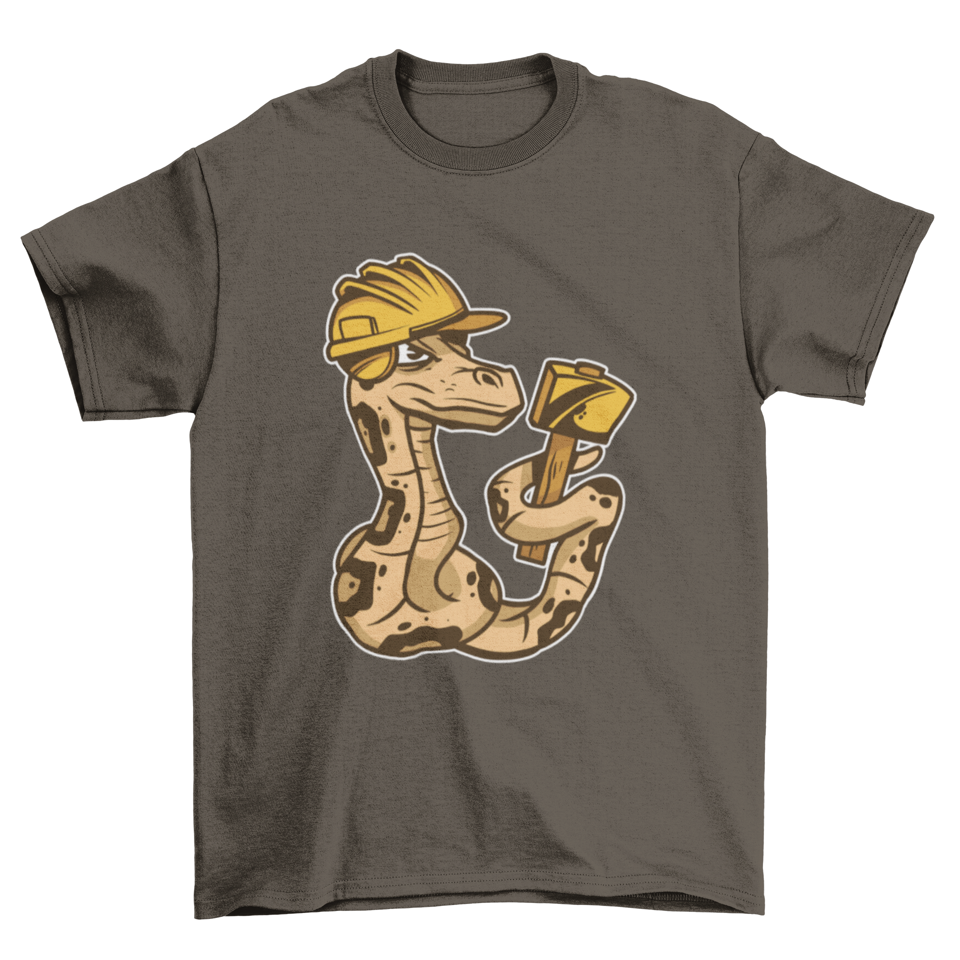 A humorous t-shirt featuring a boa constrictor snake dressed as a builder, showcasing a playful design.