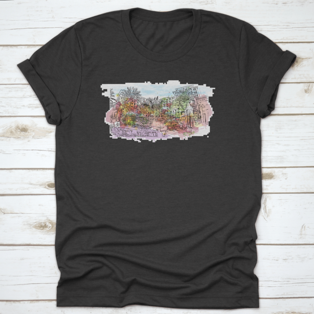 A stylish t-shirt featuring the Building View With Landmark Of Clearwater design, made from 100% cotton, showcasing its classic fit and quality fabric.