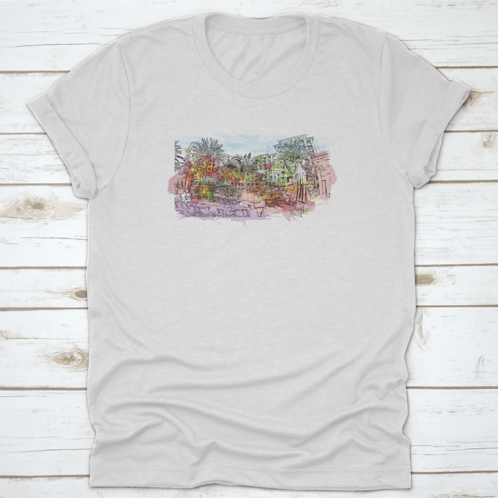 A stylish t-shirt featuring the Building View With Landmark Of Clearwater design, made from 100% cotton, showcasing its classic fit and quality fabric.