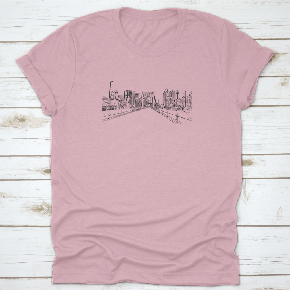 A stylish t-shirt featuring the Building View with Landmark of Pittsburgh, showcasing its unique design and comfortable fit.