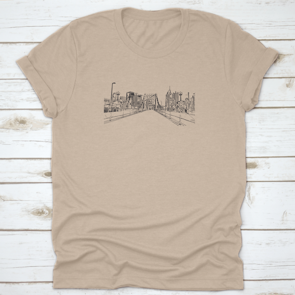 A stylish t-shirt featuring the Building View with Landmark of Pittsburgh, showcasing its unique design and comfortable fit.