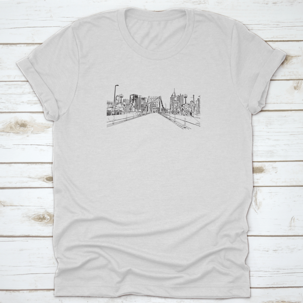 A stylish t-shirt featuring the Building View with Landmark of Pittsburgh, showcasing its unique design and comfortable fit.