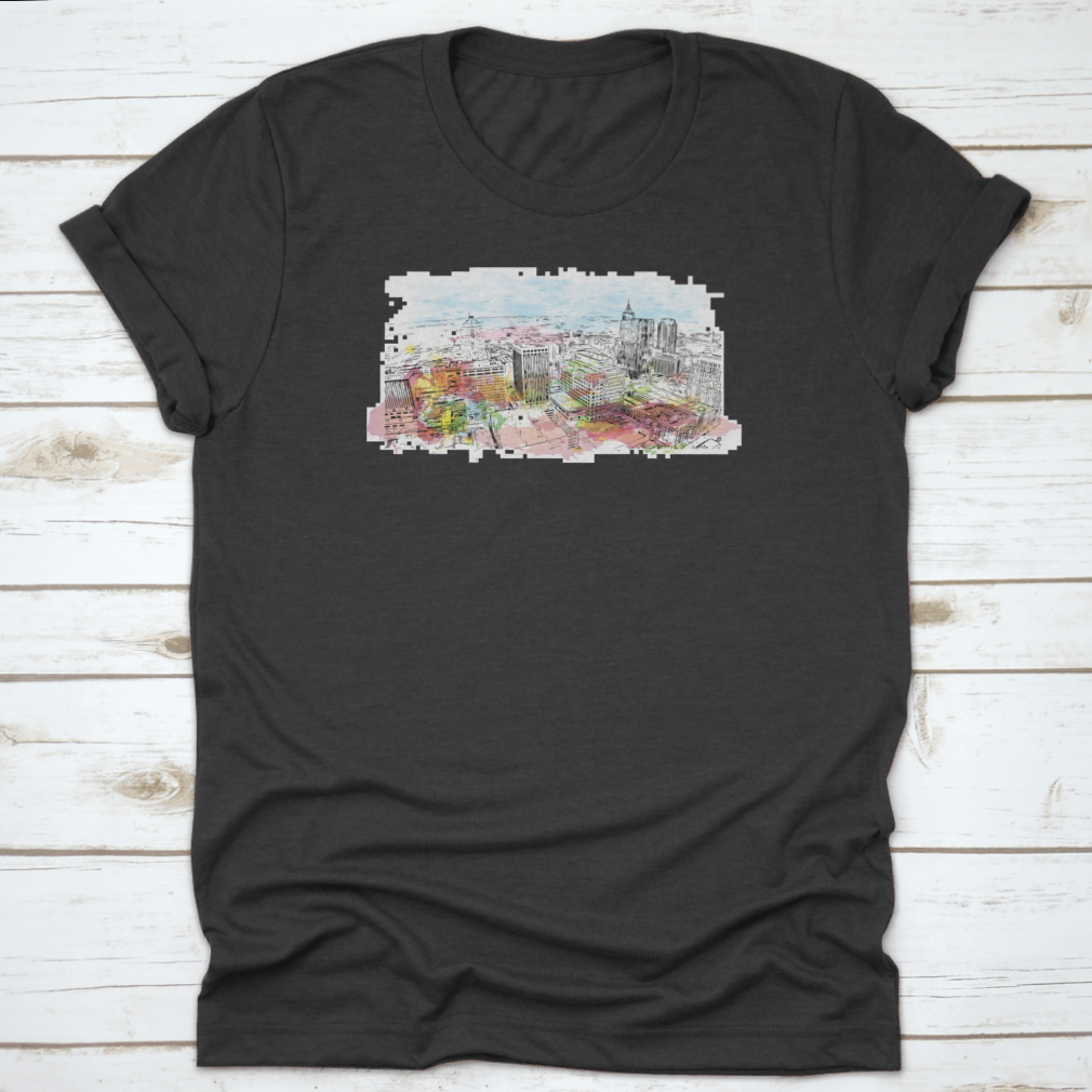 A stylish t-shirt featuring the Building View with Landmark of Raleigh, showcasing the capital city's iconic skyline.