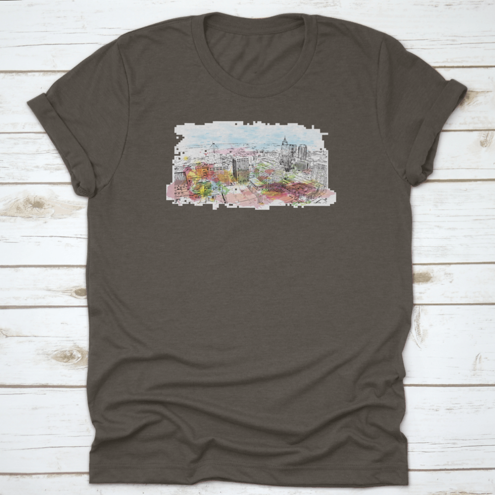 A stylish t-shirt featuring the Building View with Landmark of Raleigh, showcasing the capital city's iconic skyline.