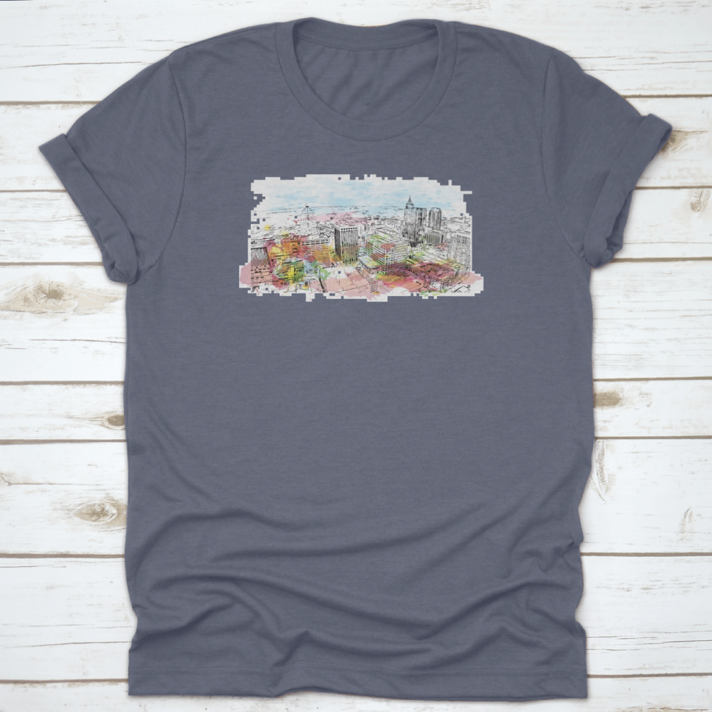 A stylish t-shirt featuring the Building View with Landmark of Raleigh, showcasing the capital city's iconic skyline.