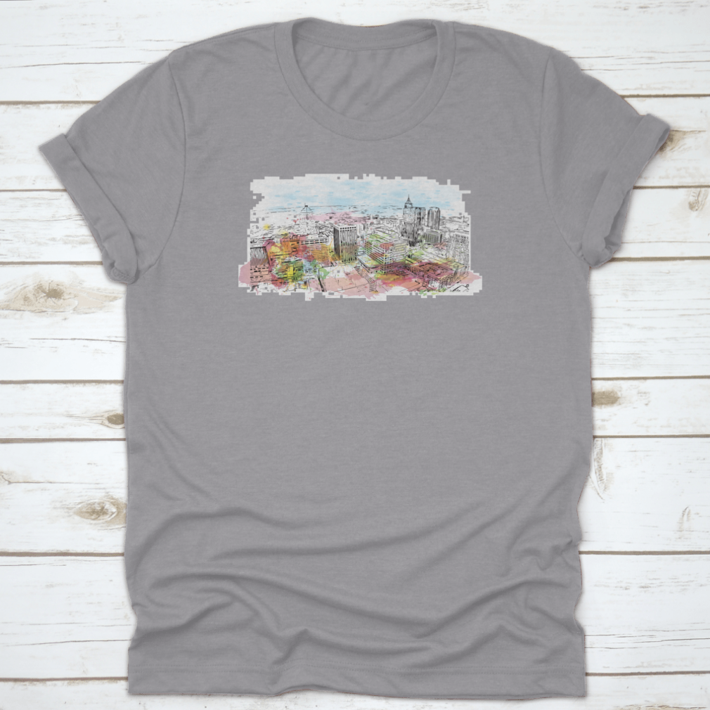 A stylish t-shirt featuring the Building View with Landmark of Raleigh, showcasing the capital city's iconic skyline.