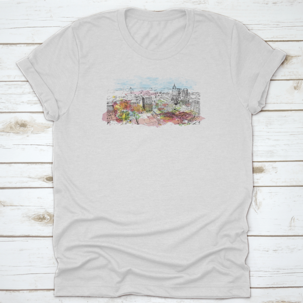 A stylish t-shirt featuring the Building View with Landmark of Raleigh, showcasing the capital city's iconic skyline.