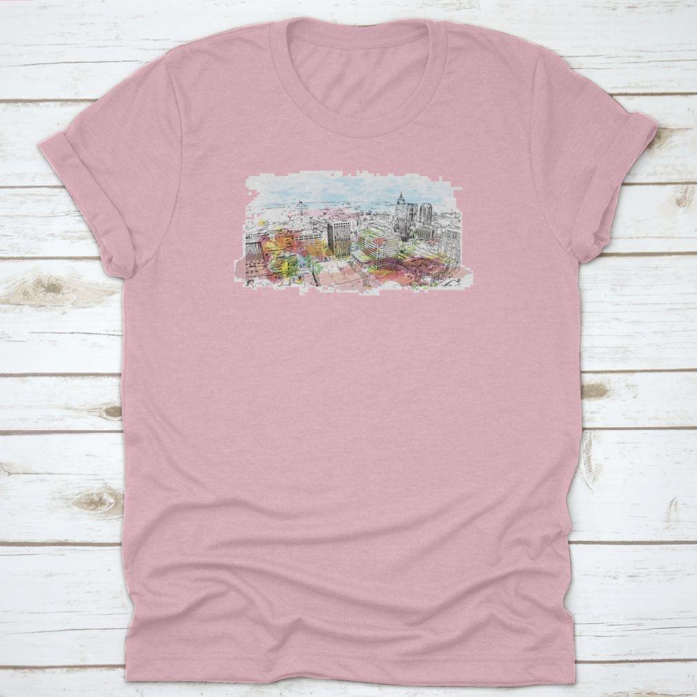 A stylish t-shirt featuring the Building View with Landmark of Raleigh, showcasing the capital city's iconic skyline.