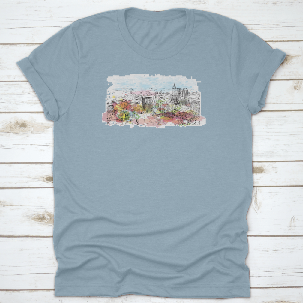 A stylish t-shirt featuring the Building View with Landmark of Raleigh, showcasing the capital city's iconic skyline.