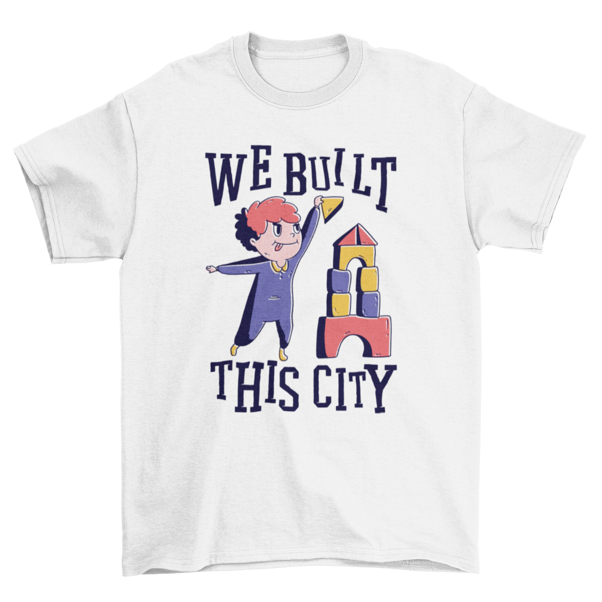 A cute t-shirt design featuring a kid playing with the quote 'We built this city', ideal for various merchandise.