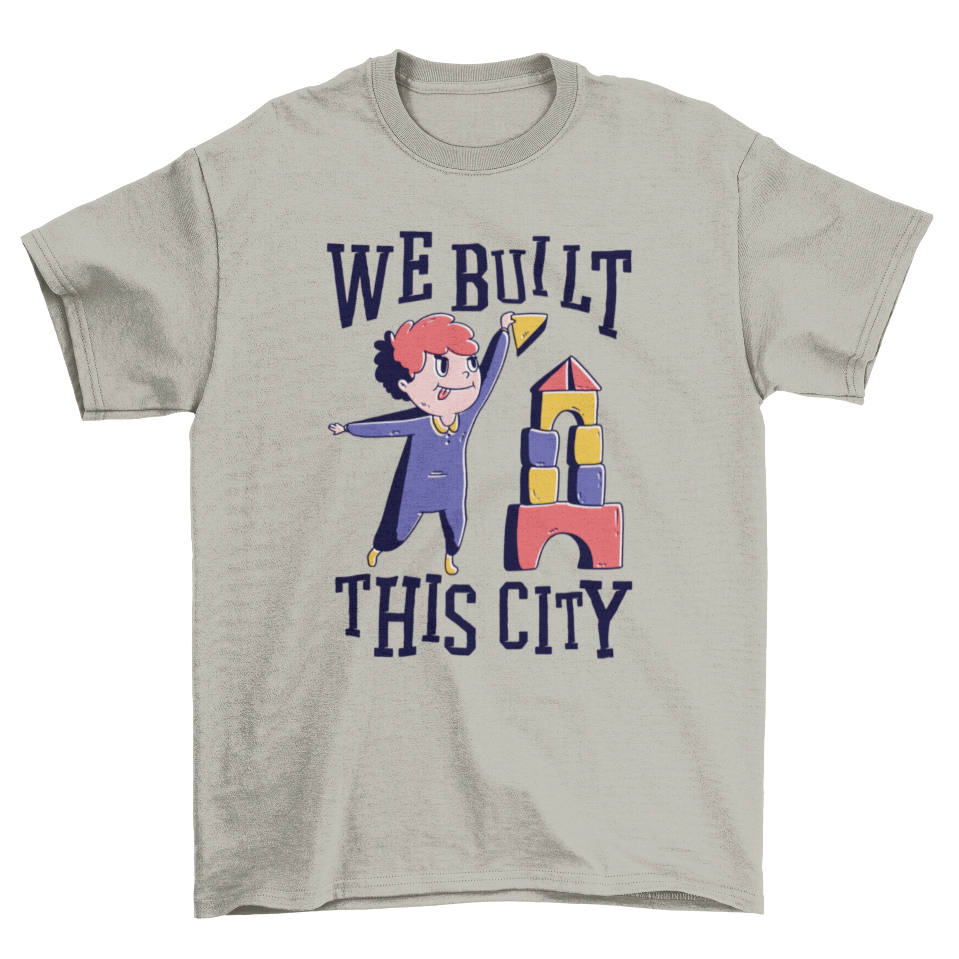 A cute t-shirt design featuring a kid playing with the quote 'We built this city', ideal for various merchandise.