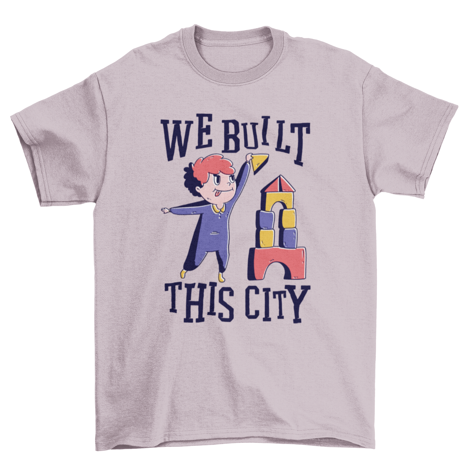 A cute t-shirt design featuring a kid playing with the quote 'We built this city', ideal for various merchandise.