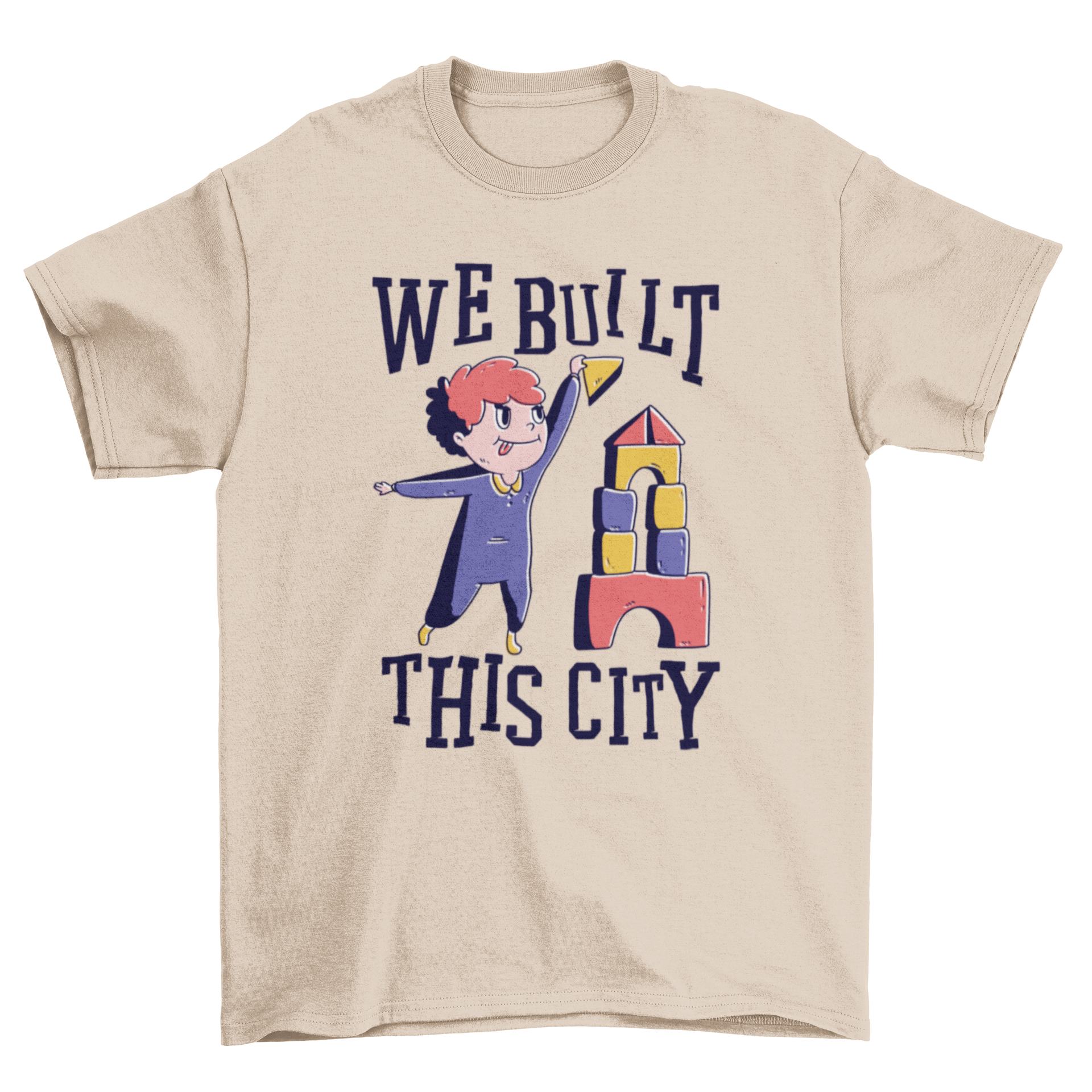 A cute t-shirt design featuring a kid playing with the quote 'We built this city', ideal for various merchandise.