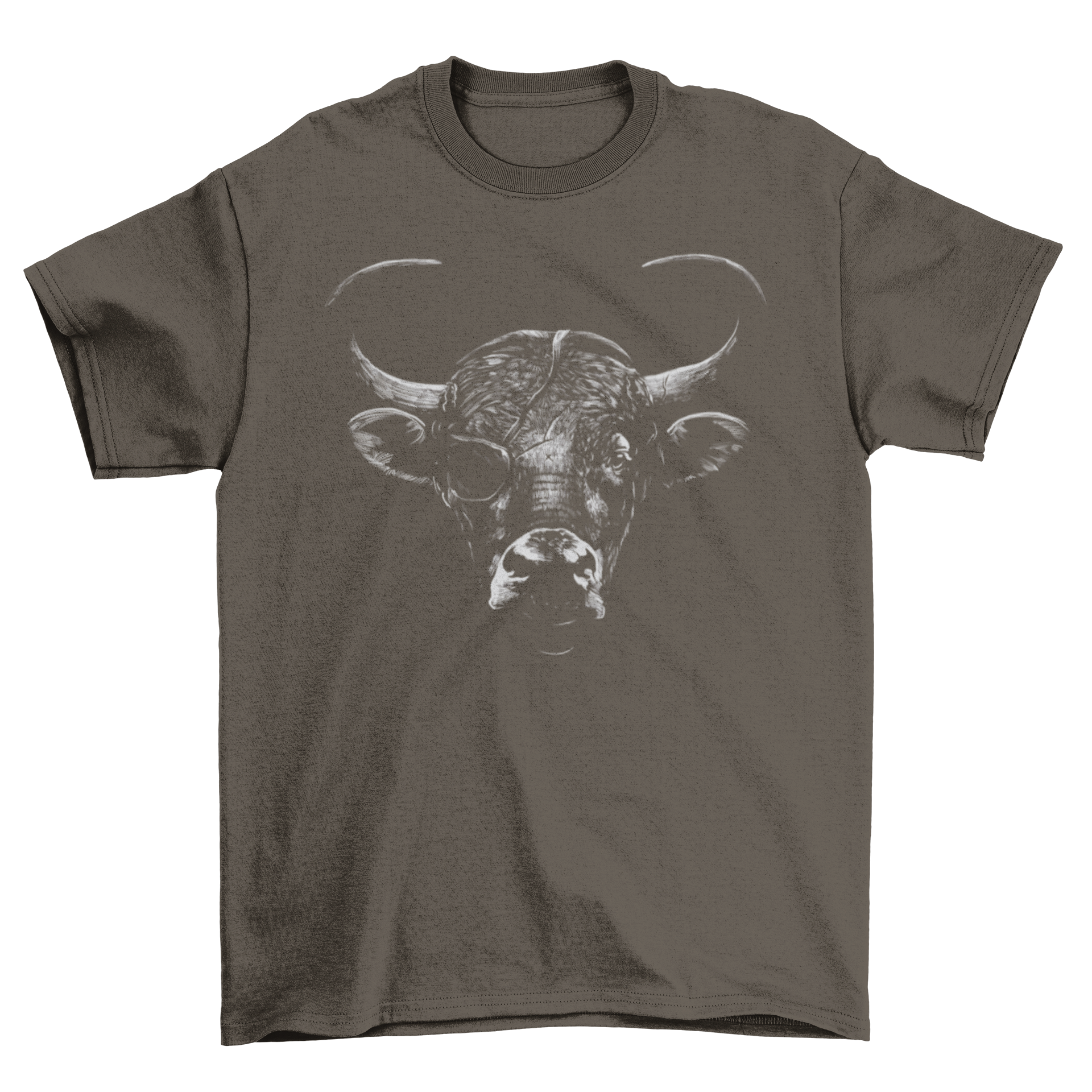 A stylish t-shirt featuring a bull with an eyepatch, showcasing a unique and bold design.