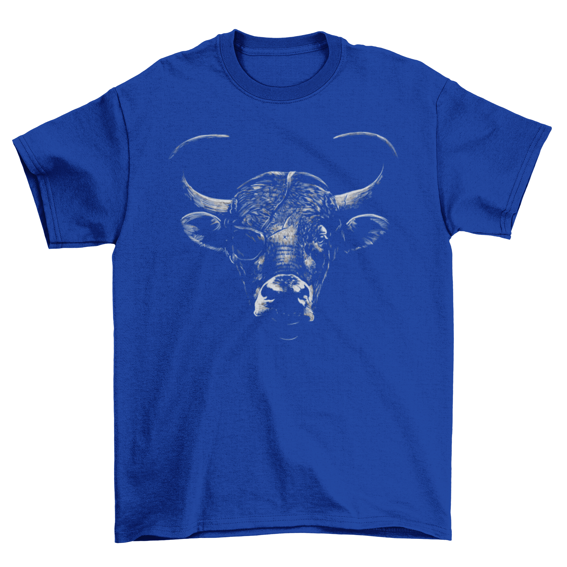 A stylish t-shirt featuring a bull with an eyepatch, showcasing a unique and bold design.