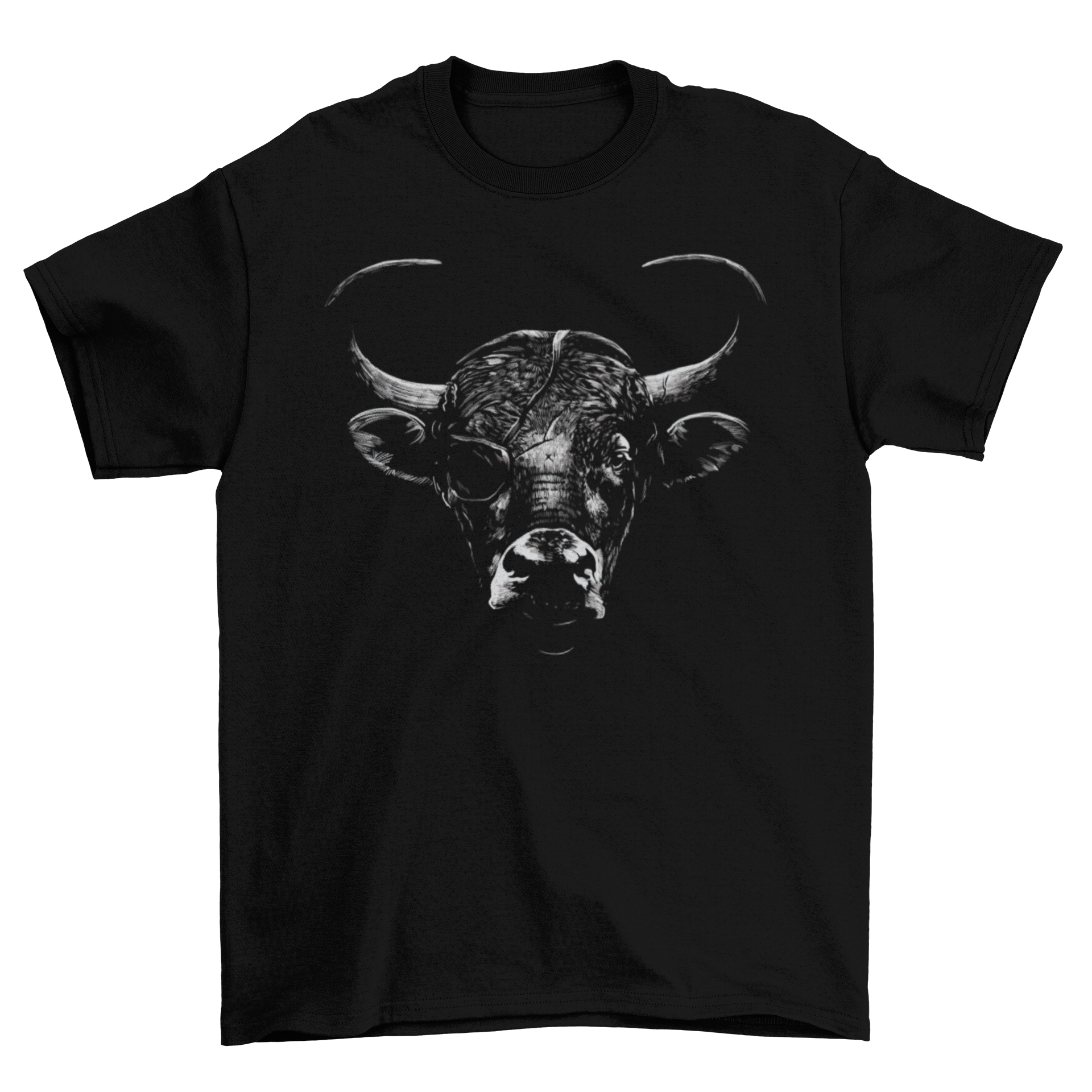 A stylish t-shirt featuring a bull with an eyepatch, showcasing a unique and bold design.