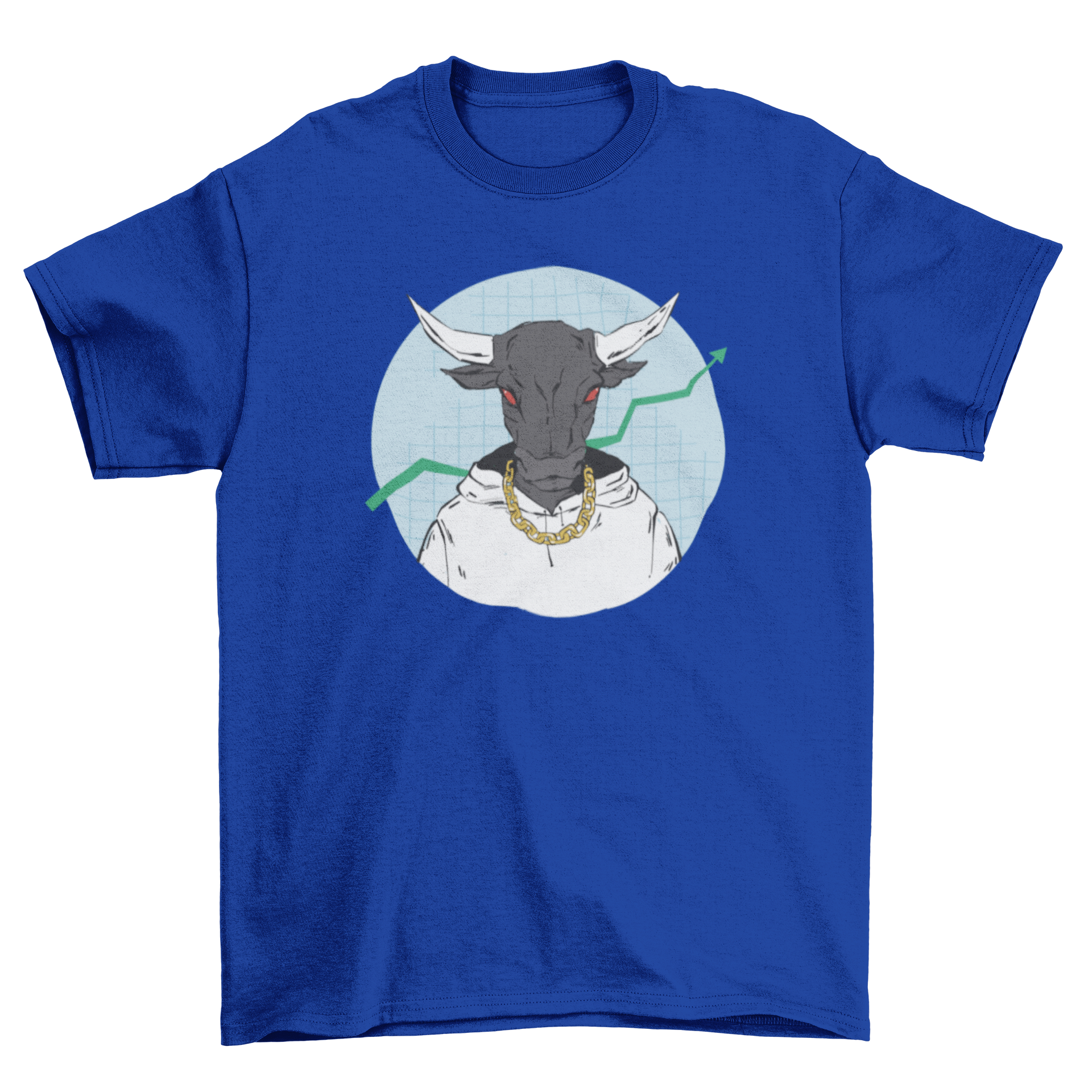 A stylish t-shirt featuring a bull graphic with a gold chain and hoodie, showcasing a modern and trendy design.