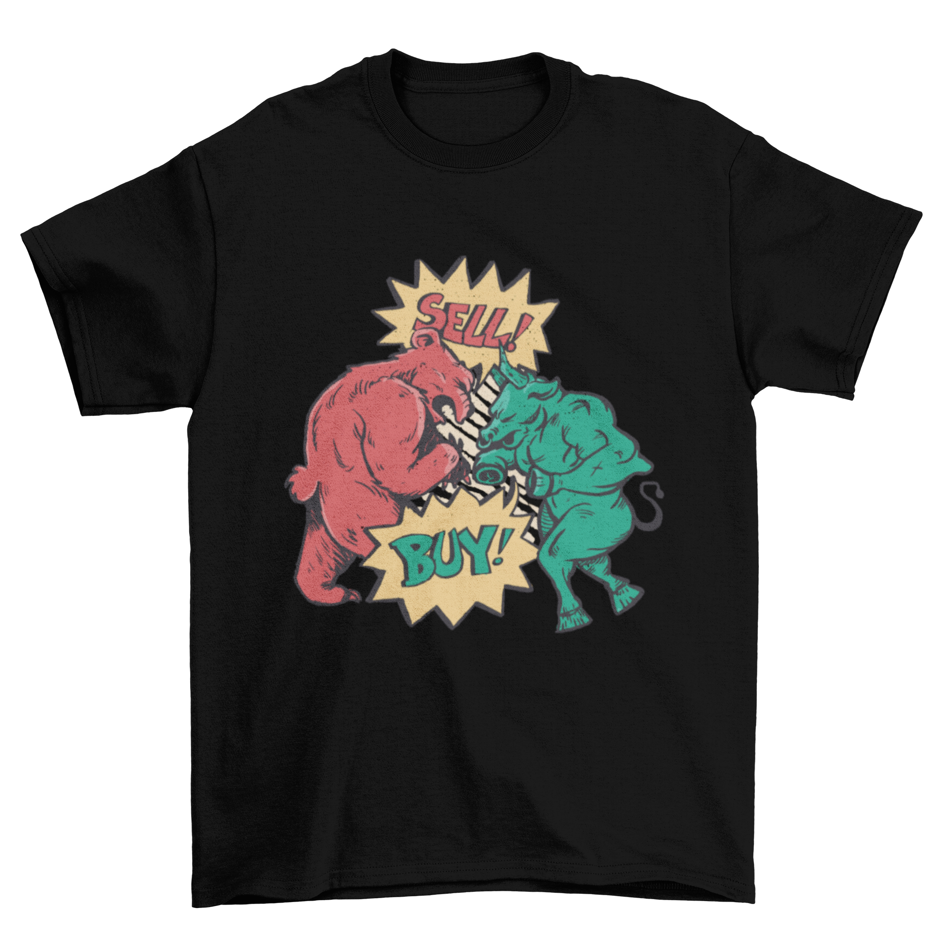 Bull bear t-shirt design featuring a bear saying 'Sell!' and a bull saying 'Buy!' in vibrant colors.