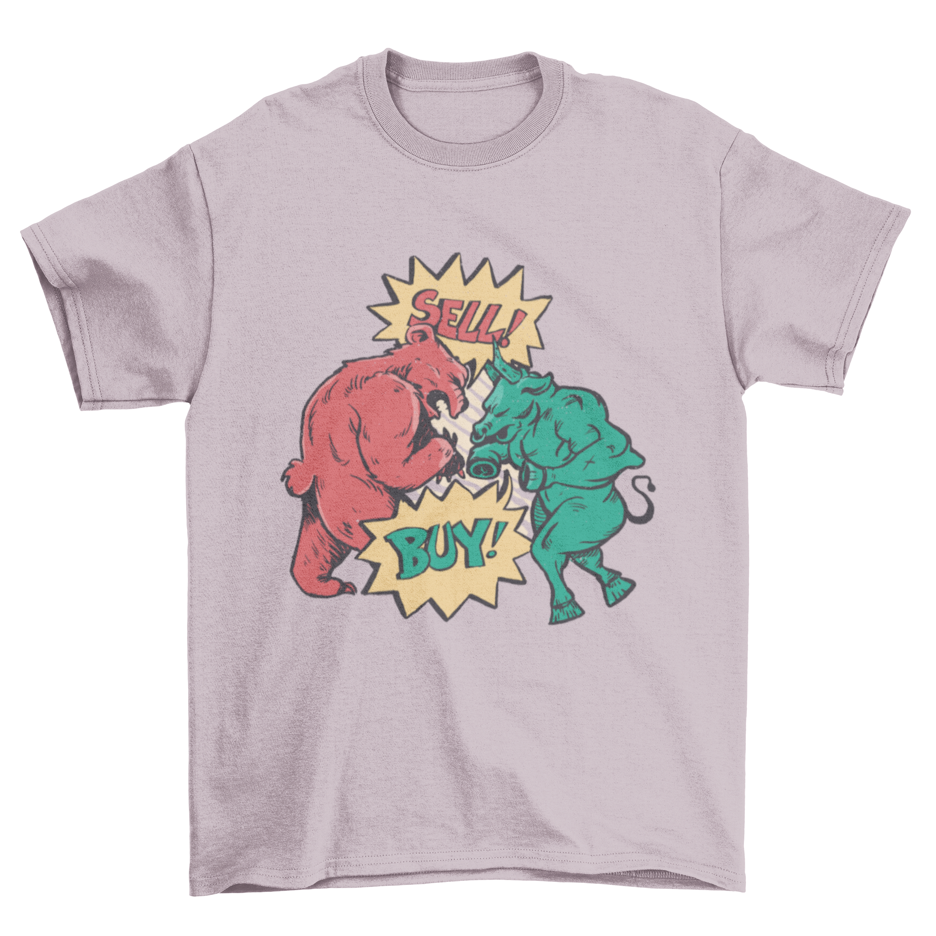 Bull bear t-shirt design featuring a bear saying 'Sell!' and a bull saying 'Buy!' in vibrant colors.