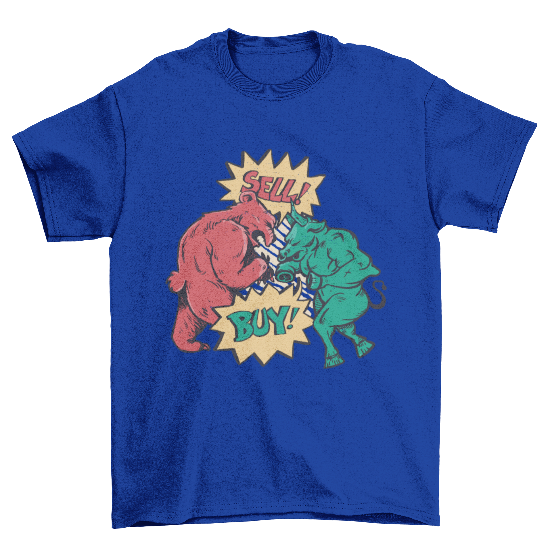 Bull bear t-shirt design featuring a bear saying 'Sell!' and a bull saying 'Buy!' in vibrant colors.