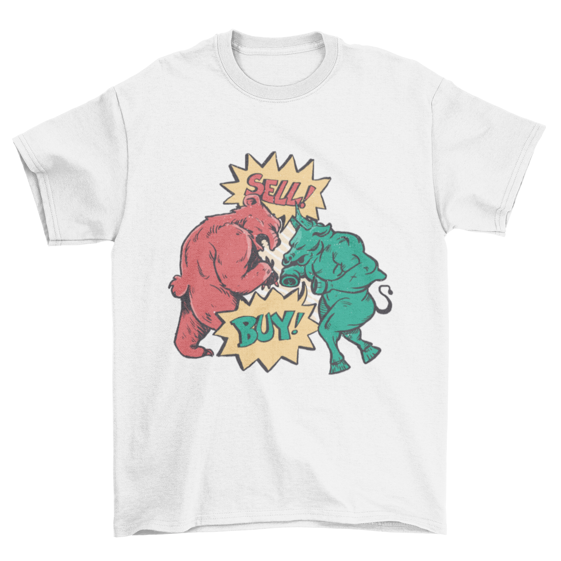 Bull bear t-shirt design featuring a bear saying 'Sell!' and a bull saying 'Buy!' in vibrant colors.