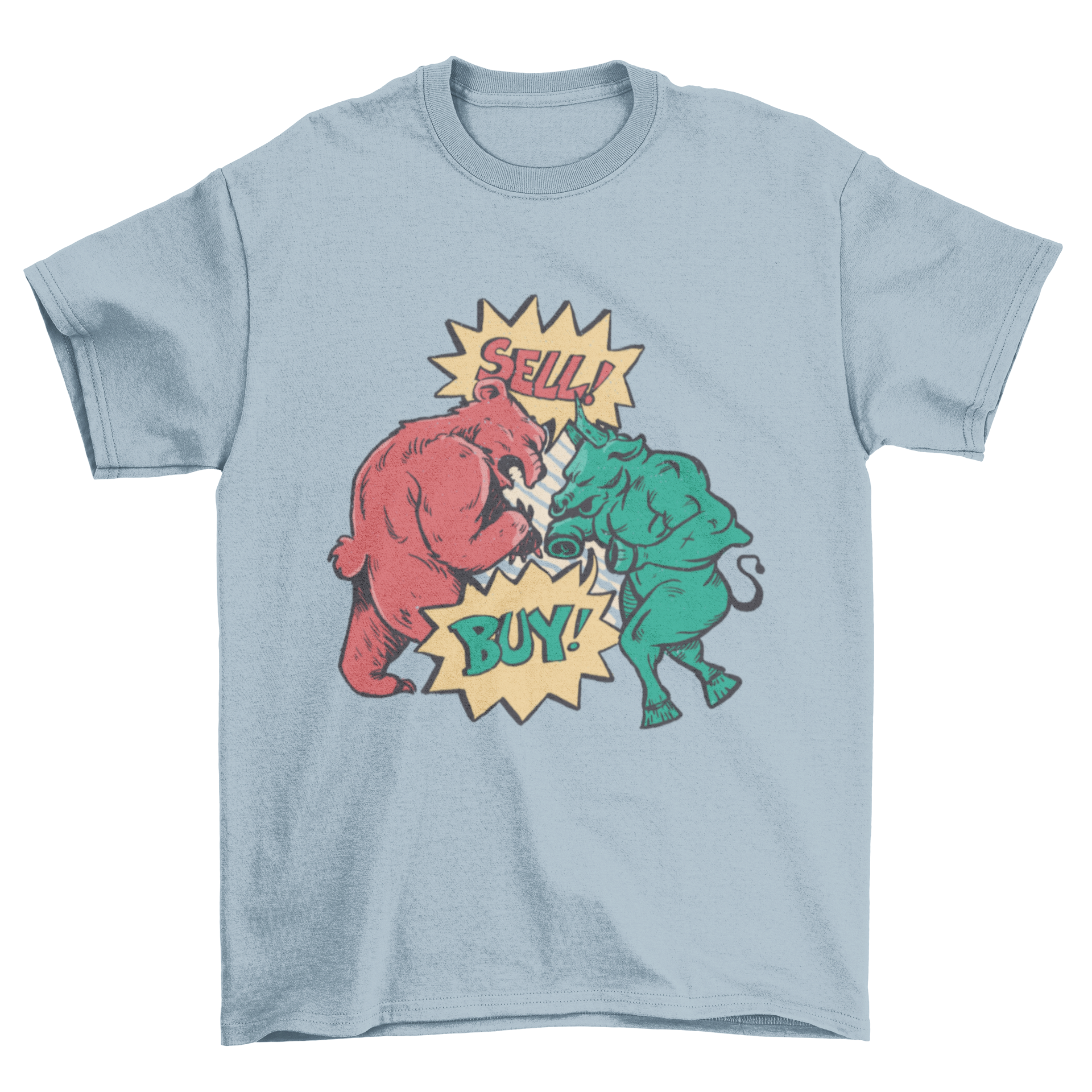 Bull bear t-shirt design featuring a bear saying 'Sell!' and a bull saying 'Buy!' in vibrant colors.