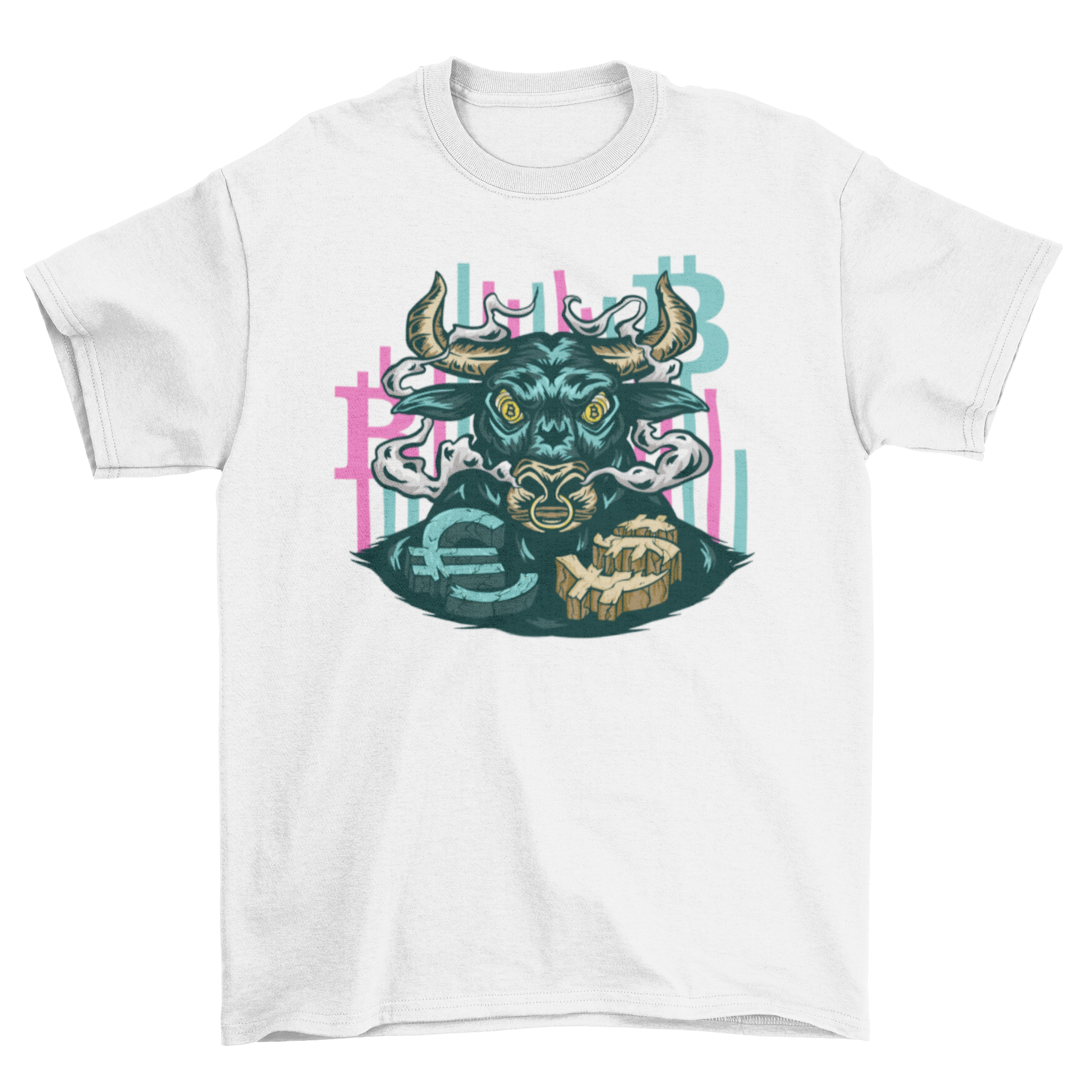 Bull Bitcoin T-shirt featuring a bold bull design with the Bitcoin symbol in its eyes, perfect for crypto enthusiasts.