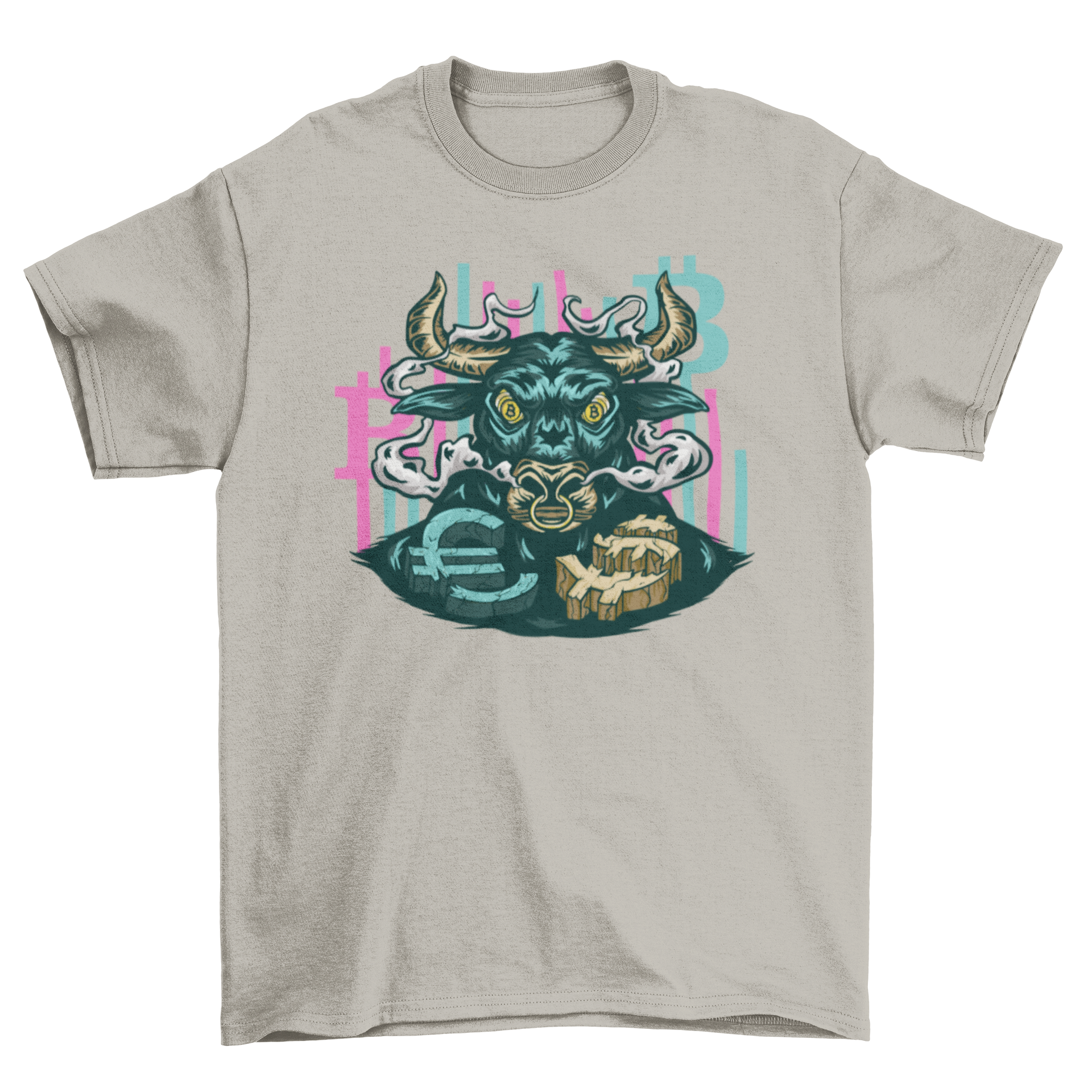 Bull Bitcoin T-shirt featuring a bold bull design with the Bitcoin symbol in its eyes, perfect for crypto enthusiasts.