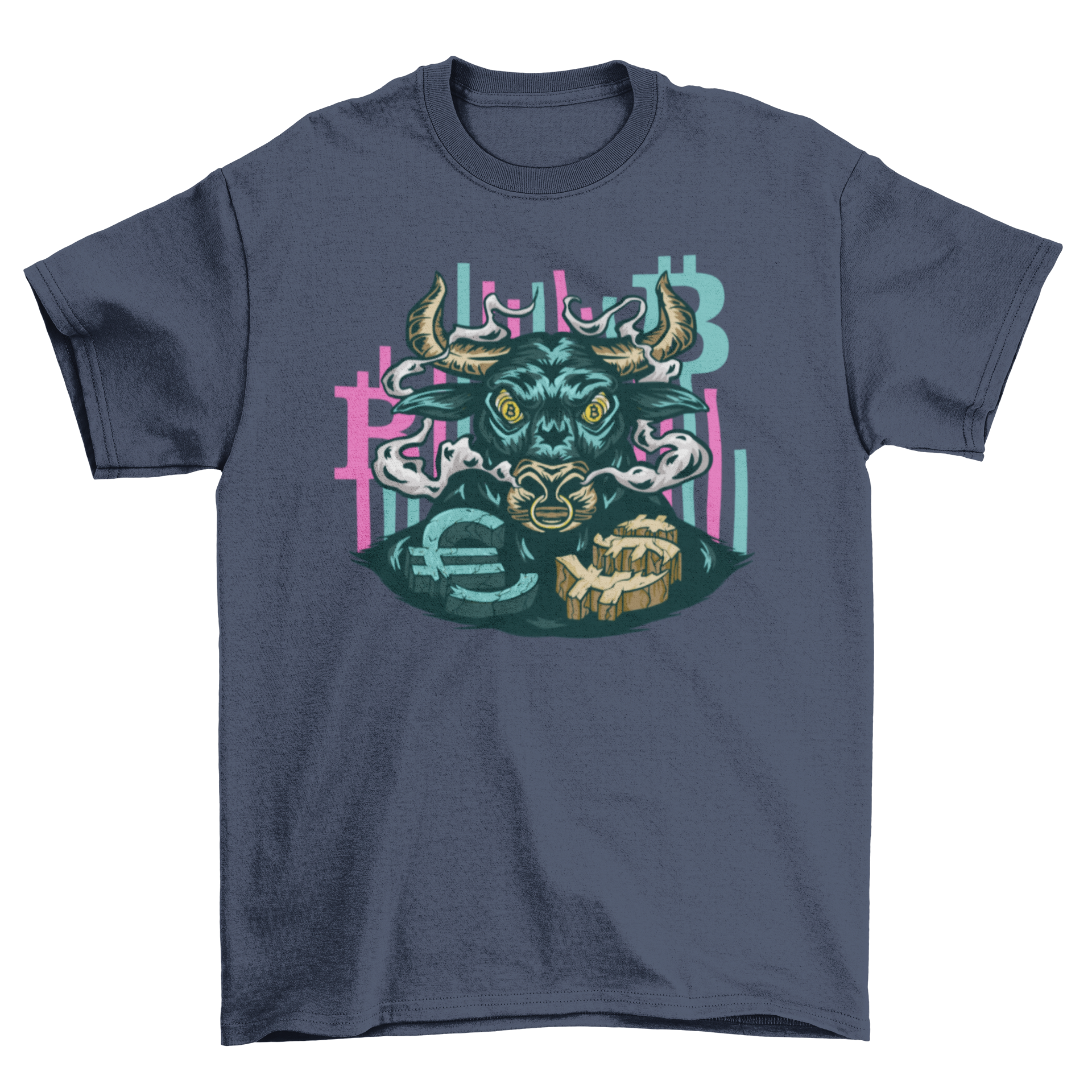 Bull Bitcoin T-shirt featuring a bold bull design with the Bitcoin symbol in its eyes, perfect for crypto enthusiasts.