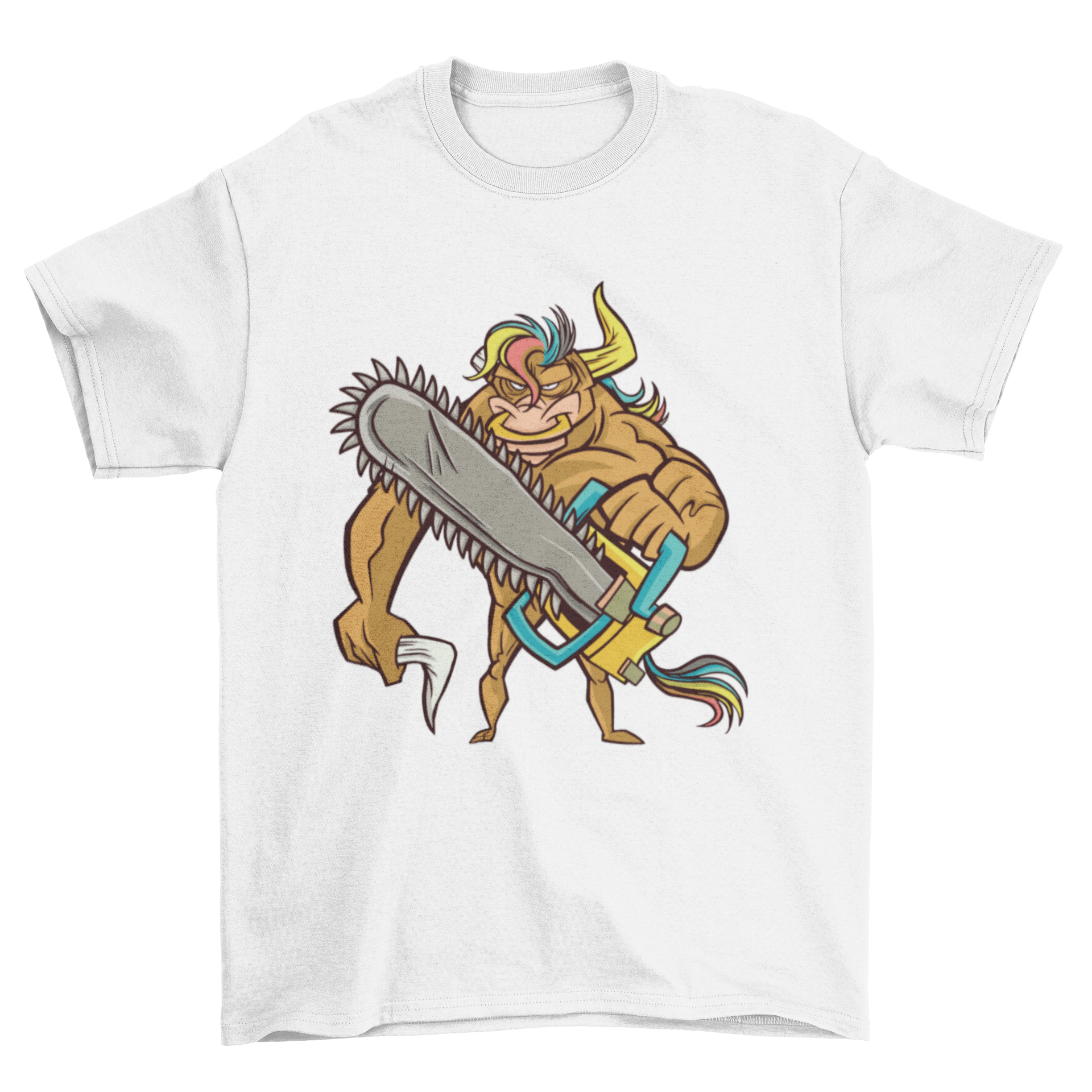 Bull Chainsaw T-Shirt featuring a bull with a chainsaw and a cut-off horn, showcasing a unique and bold design.