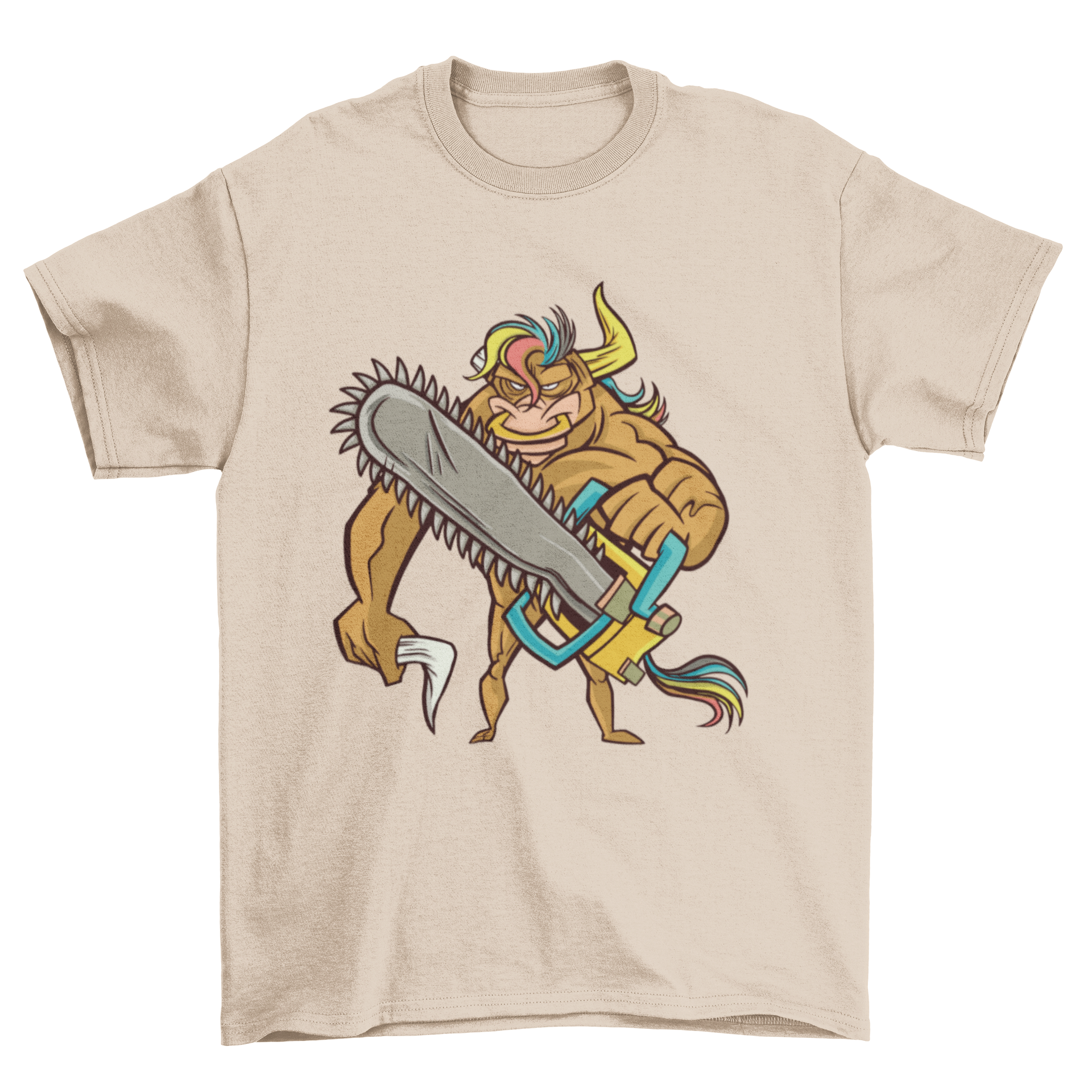 Bull Chainsaw T-Shirt featuring a bull with a chainsaw and a cut-off horn, showcasing a unique and bold design.