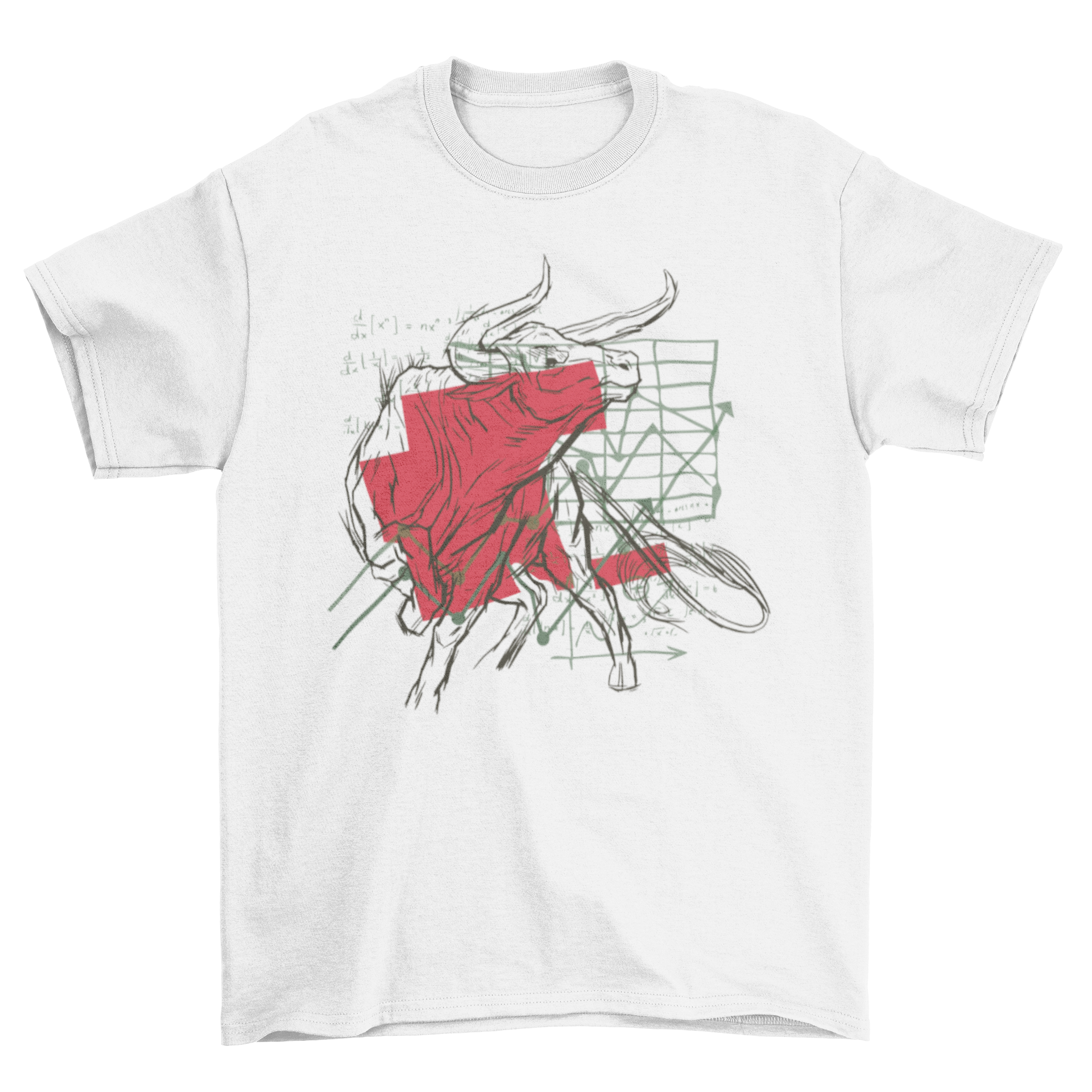 Bull Charts T-Shirt featuring a bull graphic and stock market chart lines, perfect for traders.