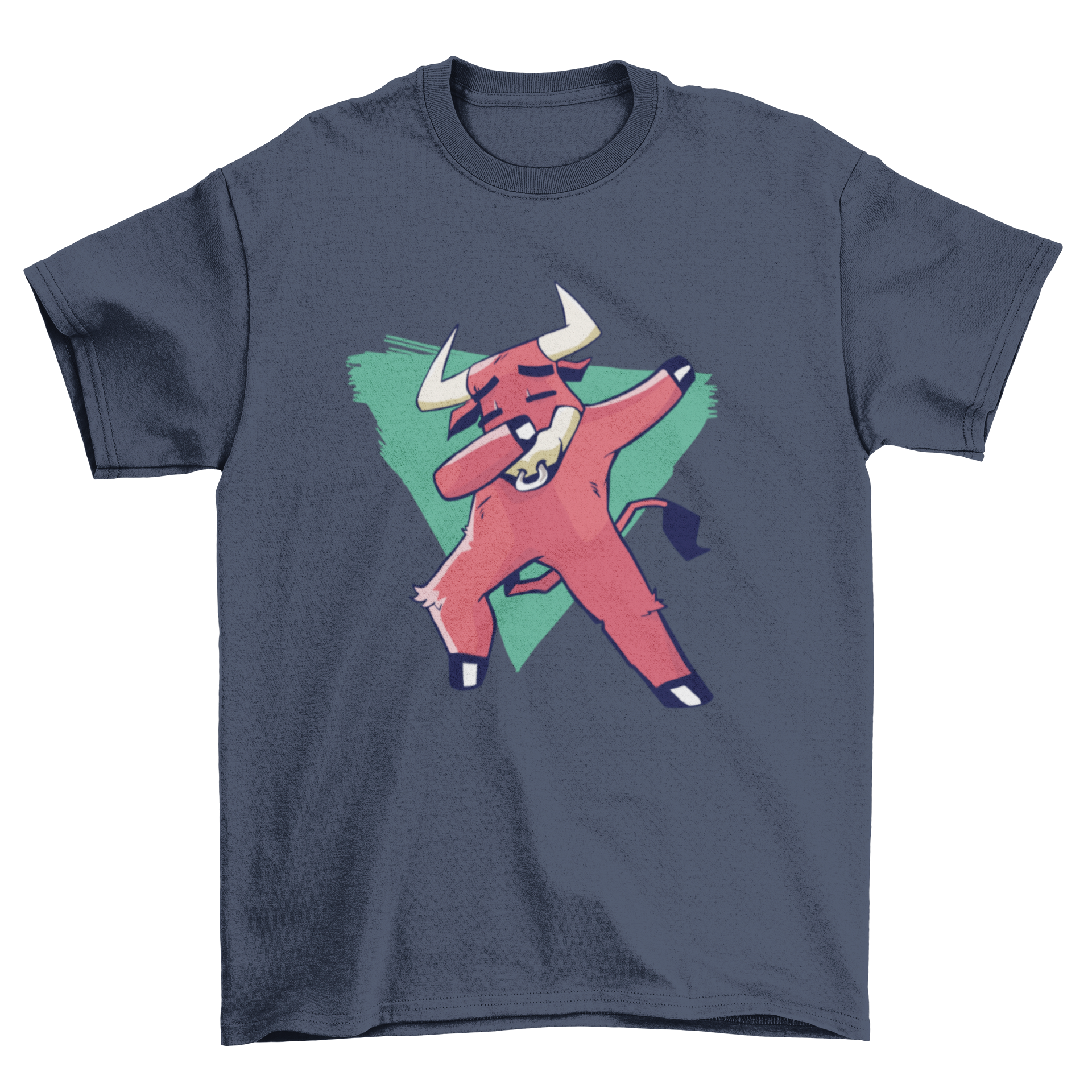 A vibrant t-shirt design featuring a bull doing the dab dance move over an upside down triangle in blue-green colors.