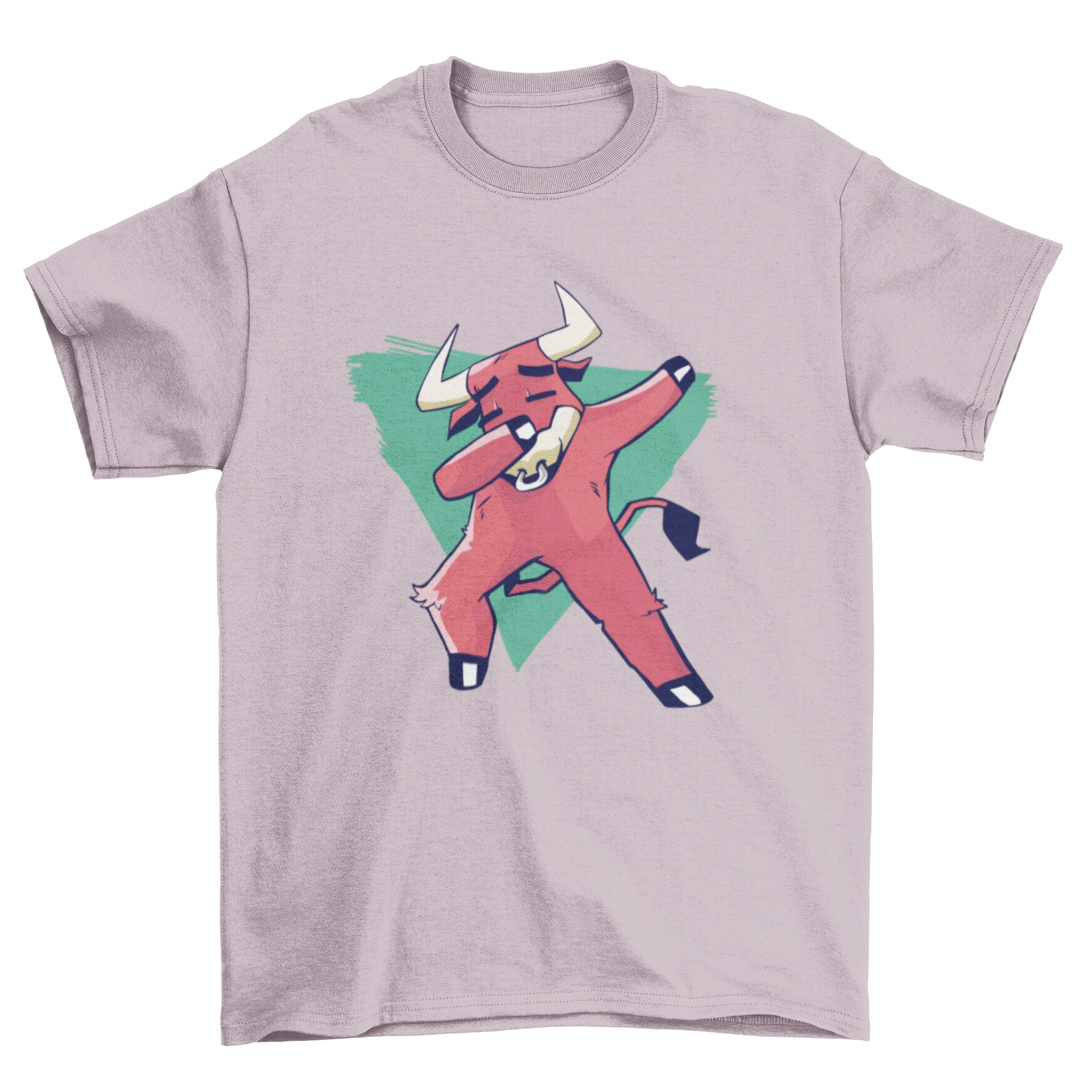 A vibrant t-shirt design featuring a bull doing the dab dance move over an upside down triangle in blue-green colors.