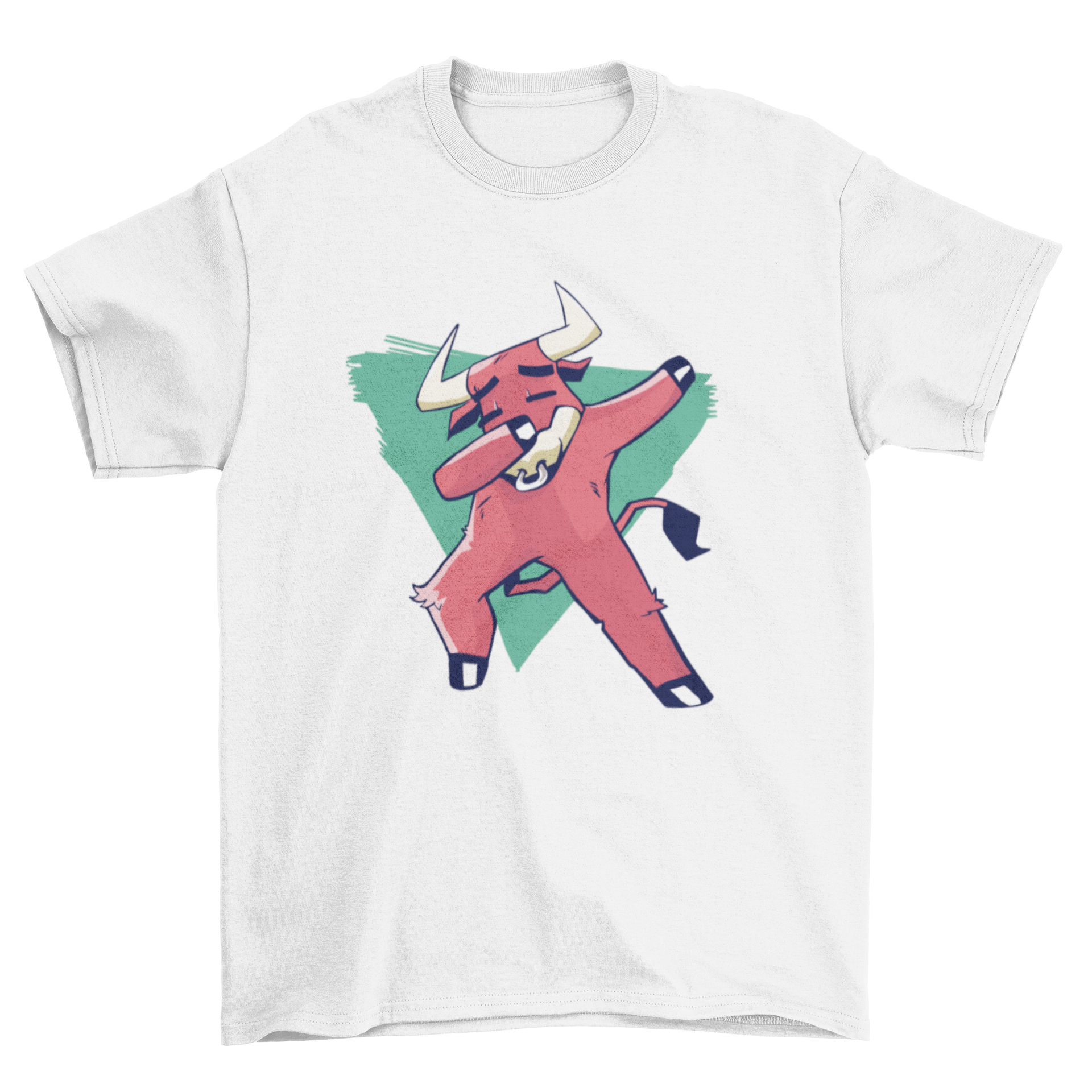 A vibrant t-shirt design featuring a bull doing the dab dance move over an upside down triangle in blue-green colors.