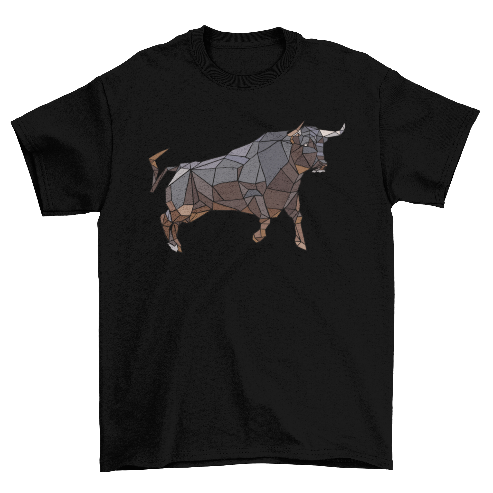 A stylish low poly t-shirt featuring a geometric bull design in vibrant colors, perfect for casual wear.