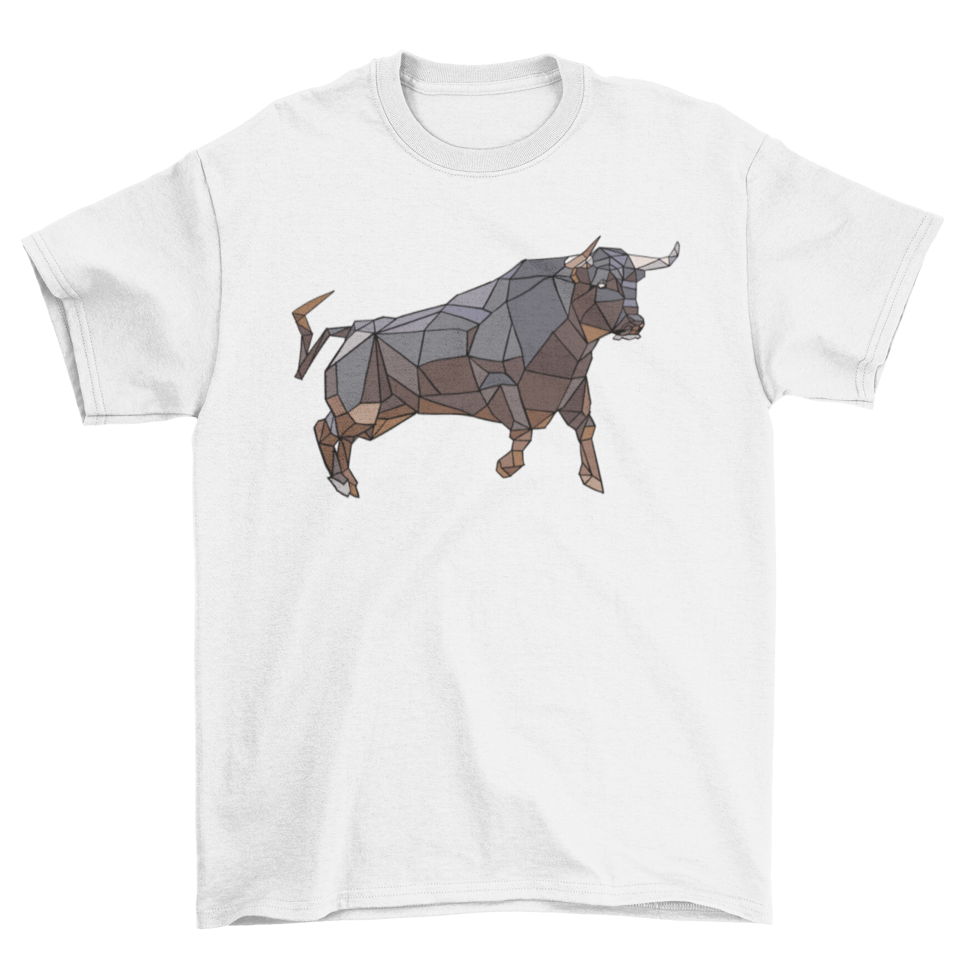 A stylish low poly t-shirt featuring a geometric bull design in vibrant colors, perfect for casual wear.