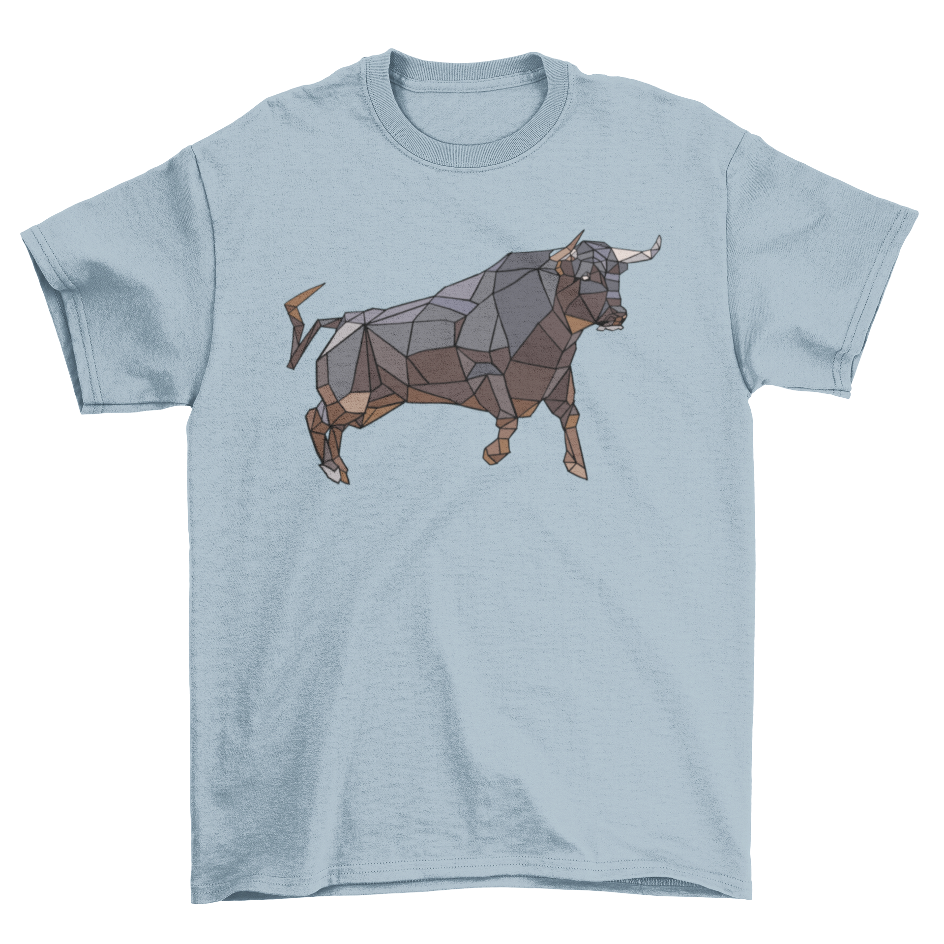 A stylish low poly t-shirt featuring a geometric bull design in vibrant colors, perfect for casual wear.